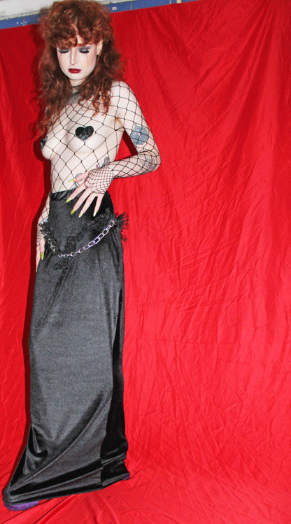 'BROODING' BLACK VELVET MAXI SKIRT WITH LACE FRILL AND CHAIN DETAIL