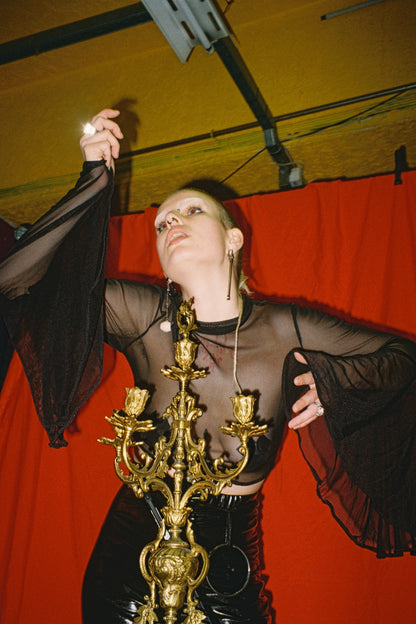 'HAUNTING' Black Mesh Cropped High Neck Top With Flared Sleeves