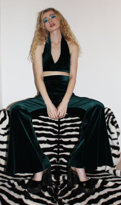'Ivy' green elasticated velvet flares