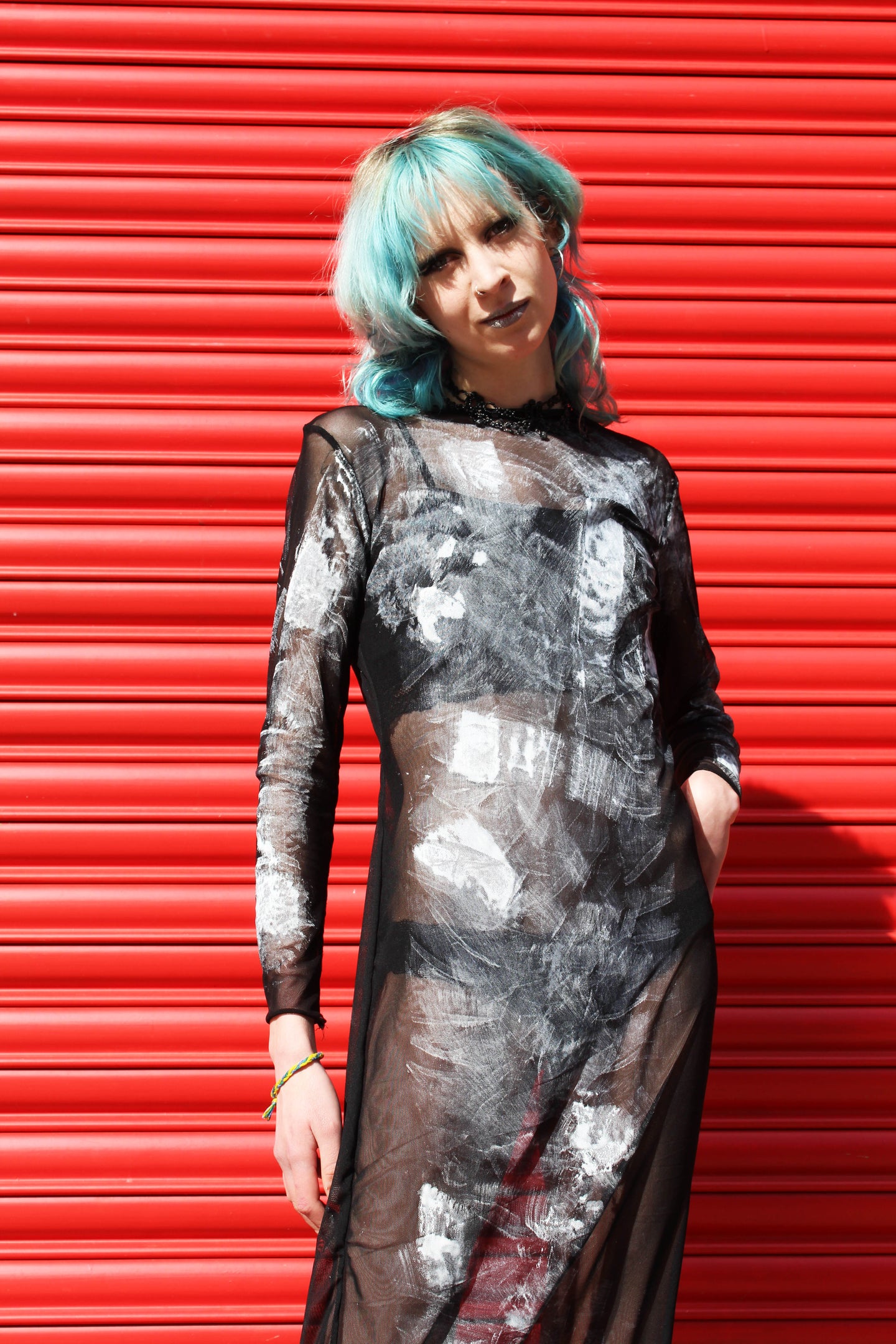 'POISON' hand painted long sleeve black mesh maxi dress