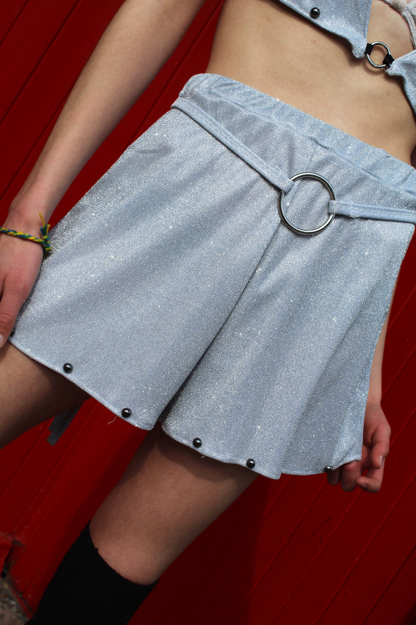 'QUARTZ' silver glitter studded shorts