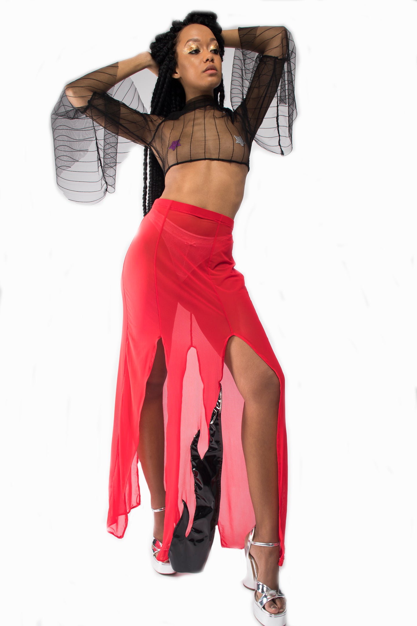 Red Mesh high cut maxi skirt with pvc flame