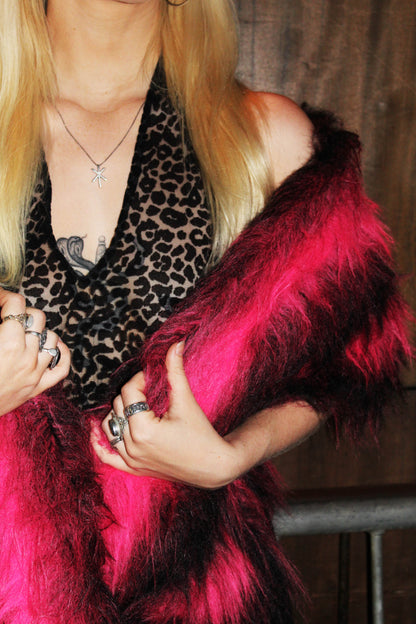 PINK AND BLACK SHAGGY FAUX FUR SCARF