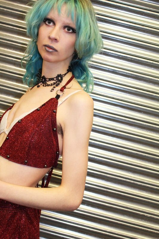 ‘INFERNO’ red glitter studded bralet