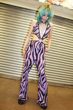 Load image into Gallery viewer, ‘STAY SICK’ purple zebra print mesh flare jumpsuit
